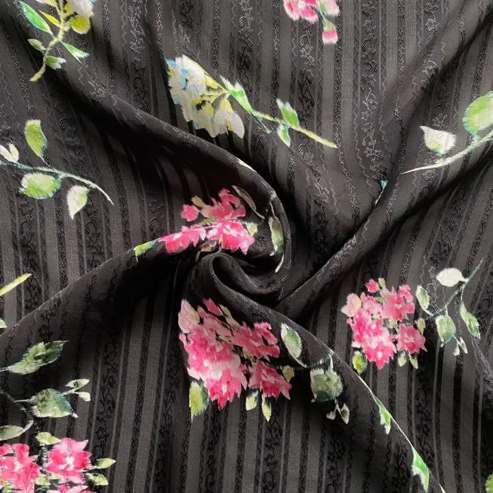 Black Stripe Jacquard Hedvábný satén